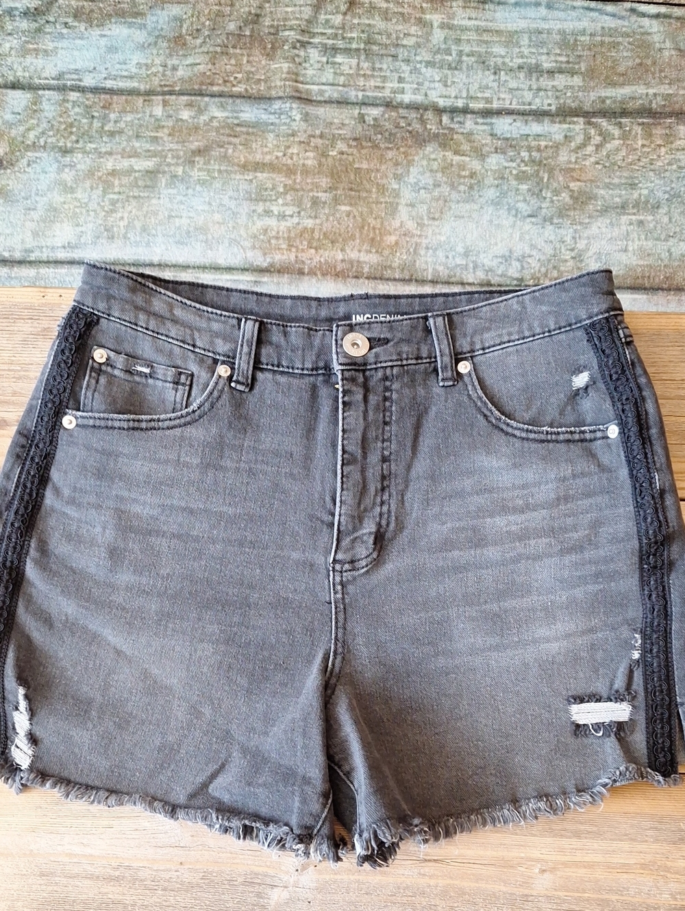 INC International Concepts Charcoal Denim Shorts Black Lace Side Trim. Size 10